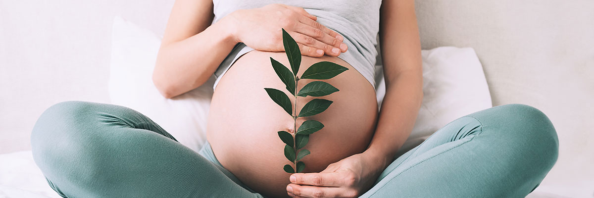 Pregnant lady in Wrexham holding leaves in front of her belly